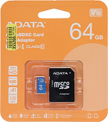 ADATA Premier <AUSDX64GUICL10A1-RA1> microSDXC Memory Card 64Gb A1 V10 UHS-I U1 + microSD-->SD Adapter
