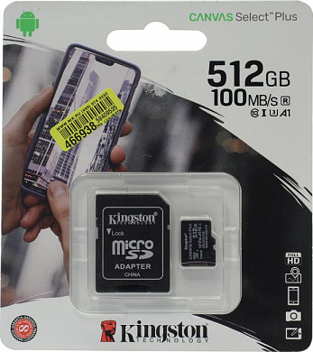 Kingston <SDCS2/512GB> microSDXC Memory Card 512Gb A1 V30 UHS-I U3 + microSD-->SD Adapter