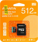 ADATA Premier Pro <AUSDX512GUI3V30SA2-RA1> microSDXC Memory Card 512Gb V30 UHS-I U3 A2 Class10+microSD-->SD Ad.