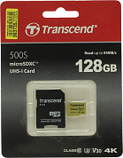 Transcend <TS128GUSD500S> microSDXC Memory Card 128Gb UHS-I U3 V30 + microSD-->SD Adapter