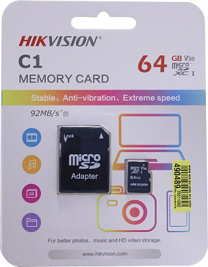 HIKVISION <HS-TF-C1-64G+microSD-->SD Adapter> microSDHC Memory Card 64Gb V30