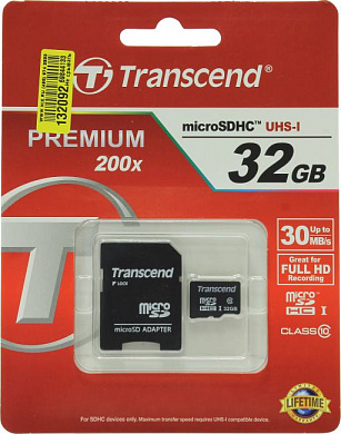 Transcend <TS32GUSDHC10> microSDHC 32Gb Class10 + microSD-->SD Adapter