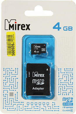 Mirex <13613-ADTMSD04> microSDHC 4Gb Class4 + microSD-->SD Adapter