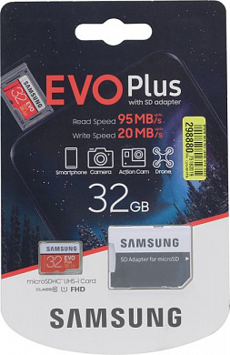 Samsung EVO Plus <MB-MC32GA/RU/APC> microSDHC Memory Card 32Gb Class10 UHS-I U1+ microSD--> SD Adapter