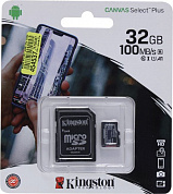 Kingston <SDCS2/32GB> microSDHC Memory Card 32Gb A1 V10 UHS-I U1  + microSD-->SD Adapter