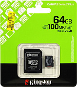Kingston <SDCS3/64GB> microSDXC Memory Card 64Gb A1 V10 UHS-I U1 + microSD-->SD Adapter