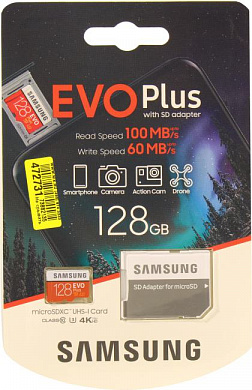 Samsung EVO Plus <MB-MC128HA/RU> microSDXC Memory Card 128Gb Class10 UHS-I U3+ microSD--> SD Adapter