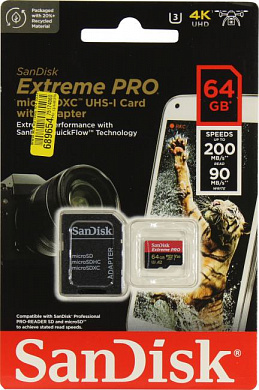 SanDisk Extreme PRO <SDSQXCU-064G-GN6MA> microSDXC Memory Card 64Gb UHS-I U3 V30 A2 + microSD-->SD Adapter