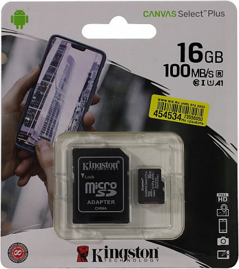 Kingston <SDCS2/16GB> microSDHC Memory Card 16Gb A1 V10 UHS-I U1  + microSD-->SD Adapter