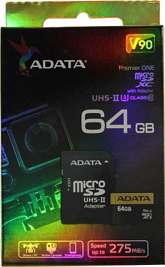 ADATA Premier ONE <AUSDX64GUII3CL10-CA1> microSDXC Memory Card 64Gb V90 UHS-II U3+ microSD-->SD Adapter