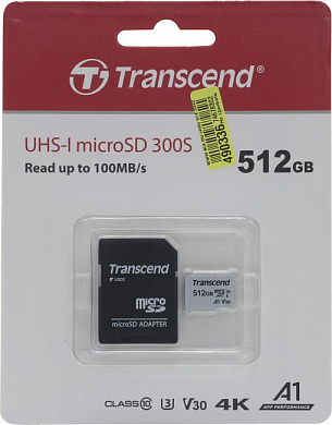 Transcend <TS512GUSD300S-A> microSDXC Memory Card 512Gb UHS-I U3 V30 + microSD-->SD Adapter