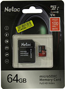 Netac <NT02P500PRO-064G-R> microSDXC Memory Card 64Gb A1 V30 UHS-I U3 + microSD-->SD Adapter