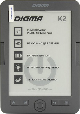 Digma K2G <D.Gray>(6", mono, 1024x758, 4Gb,TXT/PDF/EPUB/HTML/RTF/CHM/MOBI/DOC/FB2/PDB/JPG/BMP,microSDHC, USB2.0)