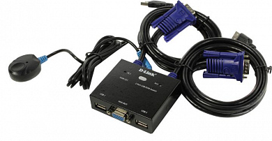D-Link <KVM-221> 2-Port USB KVM Switch (клавиатураUSB+мышьUSB+VGA15pin+Audio, проводной ПДУ, кабели несъемные)
