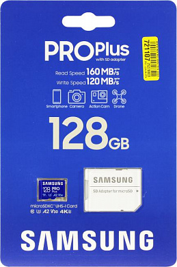 Samsung PRO Plus <MB-MD128KA/KR> microSDXC Memory Card 128Gb Class10 UHS-I U3 A2 V30 + microSD--> SD Adapter
