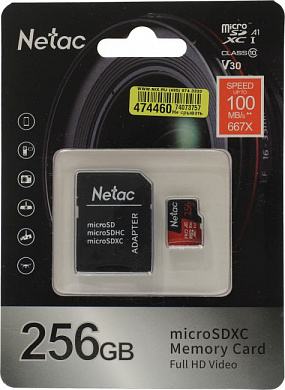Netac <NT02P500PRO-256G-R> microSDXC Memory Card 256Gb A1 V30 UHS-I U1 + microSD-->SD Adapter