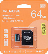 ADATA <AUSDX64GUI3V30SA2-RA1> microSDXC Memory Card 64Gb A2 V30UHS-I U3 Class10 + microSD-->SD Adapter