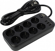 Сетевой фильтр PowerCom SP-08 USB03AB Black <3м> 8 розеток, 3xUSB