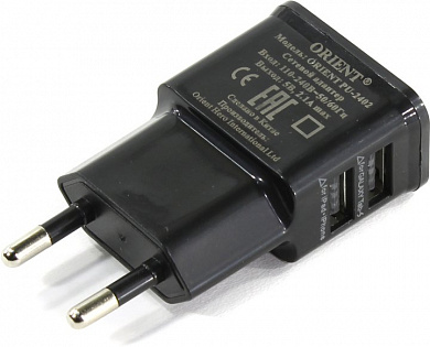 Orient <PU-2402 Black> Зарядное устройство USB (Вх. AC110-240V,Вых.5V, 10W, 2xUSB)