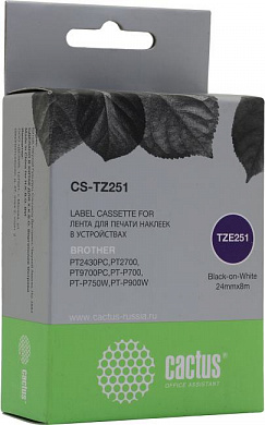Cactus <CS-TZ251> лента для печати этикеток (ширина 24мм, 8м, чёрный на белом)