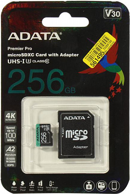 ADATA Premier Pro <AUSDX256GUI3V30SA2-RA1> microSDXC Memory Card 256Gb V30 UHS-I U3 A2 Class10+microSD-->SD Ad.