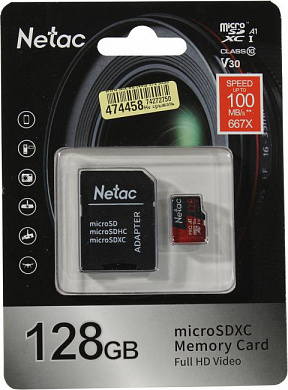 Netac <NT02P500PRO-128G-R> microSDXC Memory Card 128Gb A1 V30 UHS-I U3 + microSD-->SD Adapter