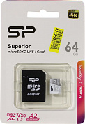 Silicon Power <SP064GBSTXDA2V20SP> microSDXC Memory Card 64Gb UHS-I U3 V30 A2 + microSD-->SD Adapter