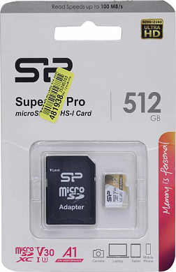 Silicon Power <SP512GBSTXDU3V20AB> microSDXC Memory Card 512Gb UHS-I U3 V30 A1 + microSD-->SD Adapter