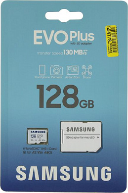 Samsung EVO Plus <MB-MC128KA> microSDXC Memory Card 128Gb Class10 UHS-I U3+ microSD--> SD Adapter