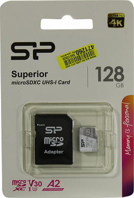 Silicon Power <SP128GBSTXDA2V20SP> microSDXC Memory Card 128Gb UHS-I U3 V30 A2 + microSD-->SD Adapter