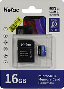 Netac <NT02P500STN-016G-R> microSDHC Memory Card 16Gb UHS-I U1 Class 10 + microSD-->SD Adapter