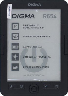 Digma R654 (6", mono,подсветка, 1024x758,4Gb,FB2/PDF/DJVU/RTF/CHM/EPUB/DOC/JPG/BMP, microSDHC, USB2.0)