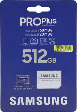 Samsung PRO Plus <MB-MD512KA/APC> microSDXC Memory Card 512Gb Class10 UHS-I U3 A2 V30 + microSD--> SD Adapter