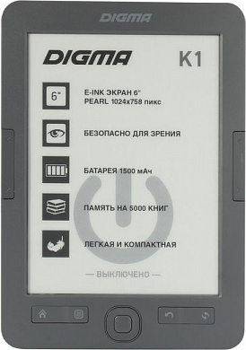 Digma K1G <D.Gray>(6", mono, 1024x758, 4Gb,FB2/PDF/DJVU/RTF/CHM/EPUB/DOC/JPG/BMP,microSDHC, USB2.0)
