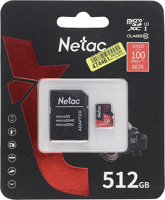 Netac <NT02P500PRO-512G-R> microSDXC Memory Card 512Gb A1 V30 UHS-I U1 + microSD-->SD Adapter